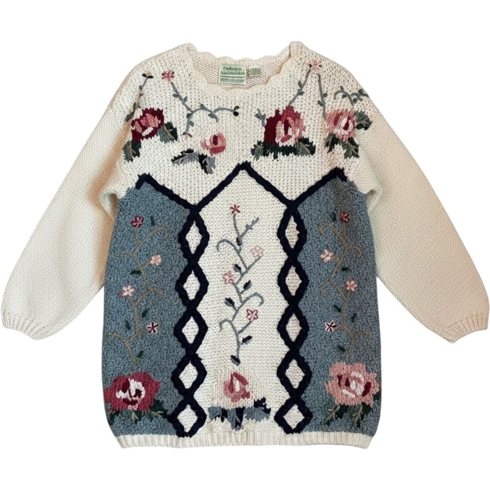 Colleens Collectables Vintage Hand Knitted Floral Sweater Size L Cottagecore